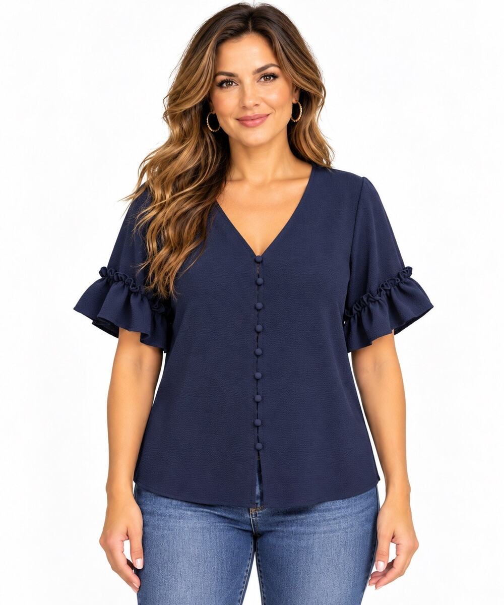 CeCe Navy Solid Crepe V-Neck Button Front Ruffle Short Sleeve Blouse S